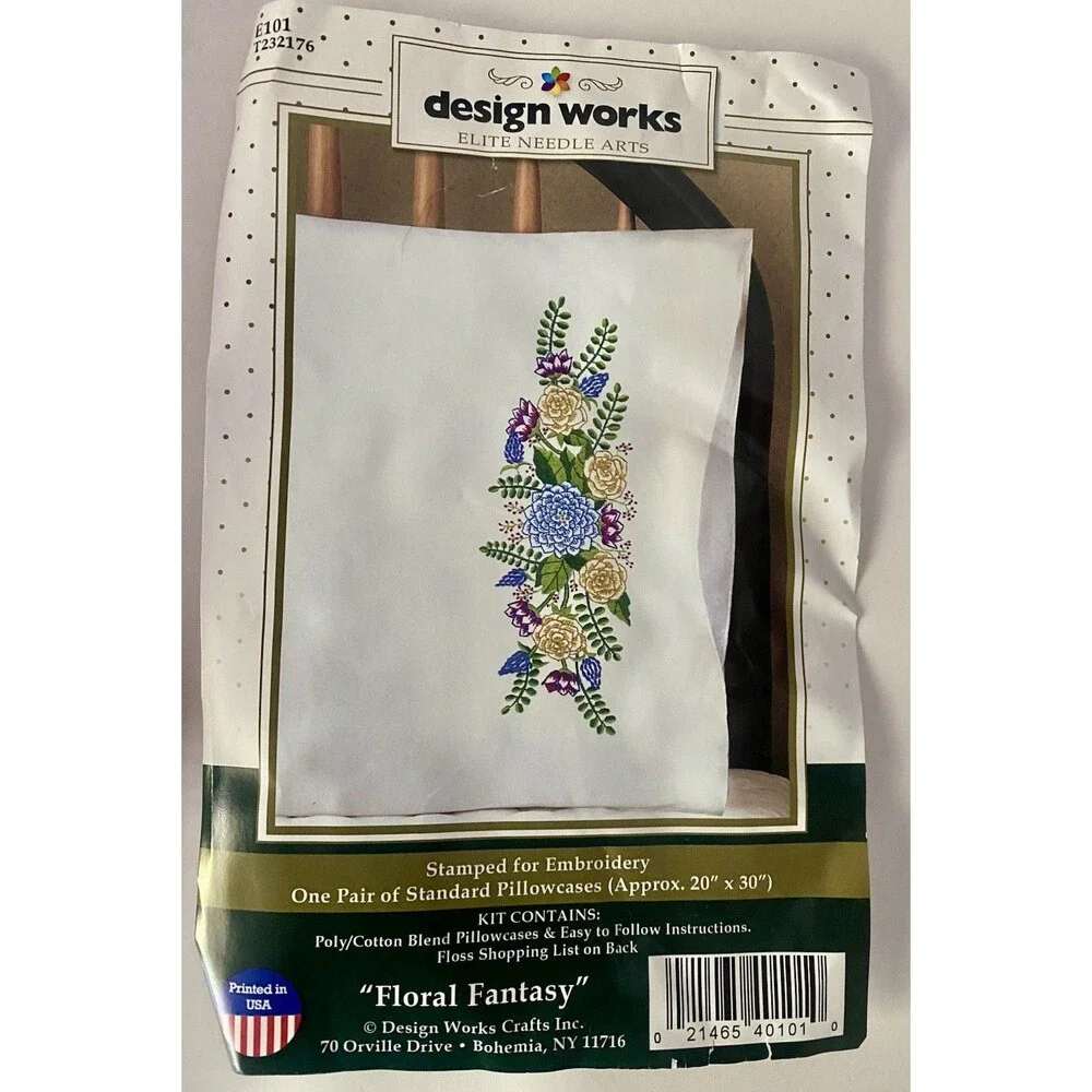 VTG Floral Fantasy Pillow Case Kit 2 Pillow Cases Stamped Embroidery Floss Hoop